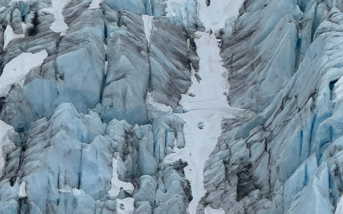 Blue ice exposed in an icefall on a glacier in the Alaska Range